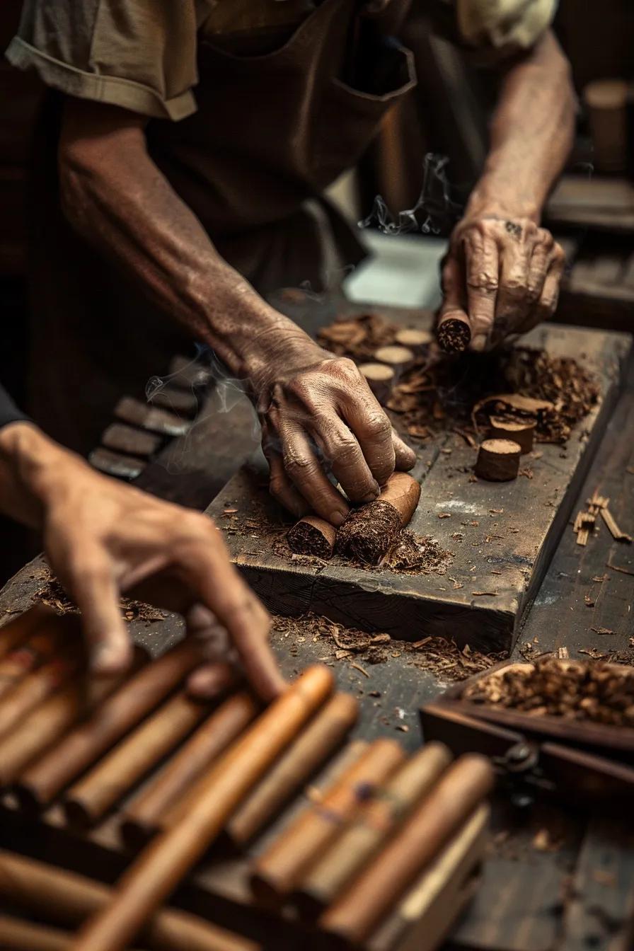 Artisans meticulously hand-rolling cigars in a small-batch setting, emphasizing quality and craftsmanship