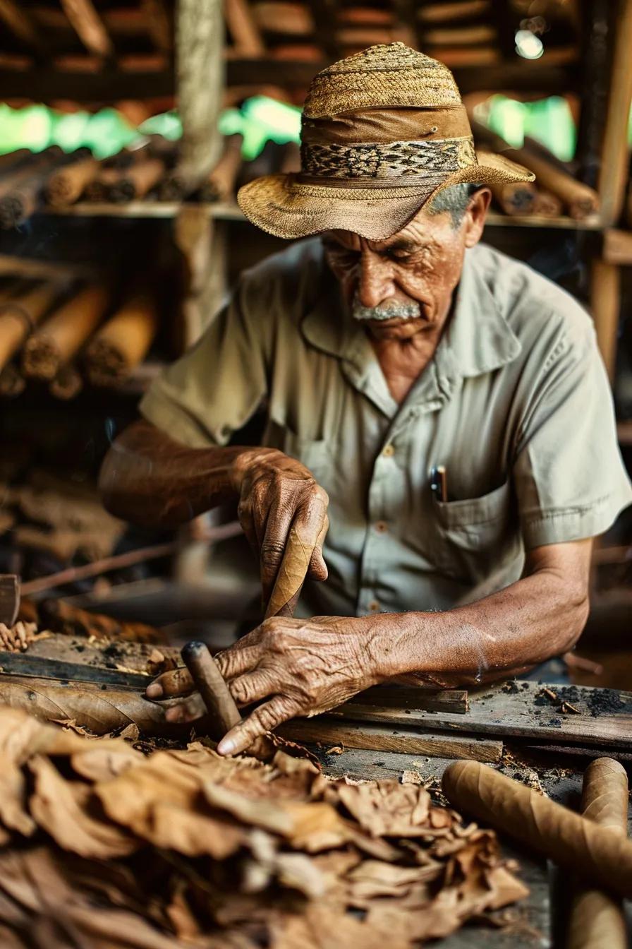 Visuals of cigar production, from tobacco farming to expert hand-rolling, highlighting craftsmanship