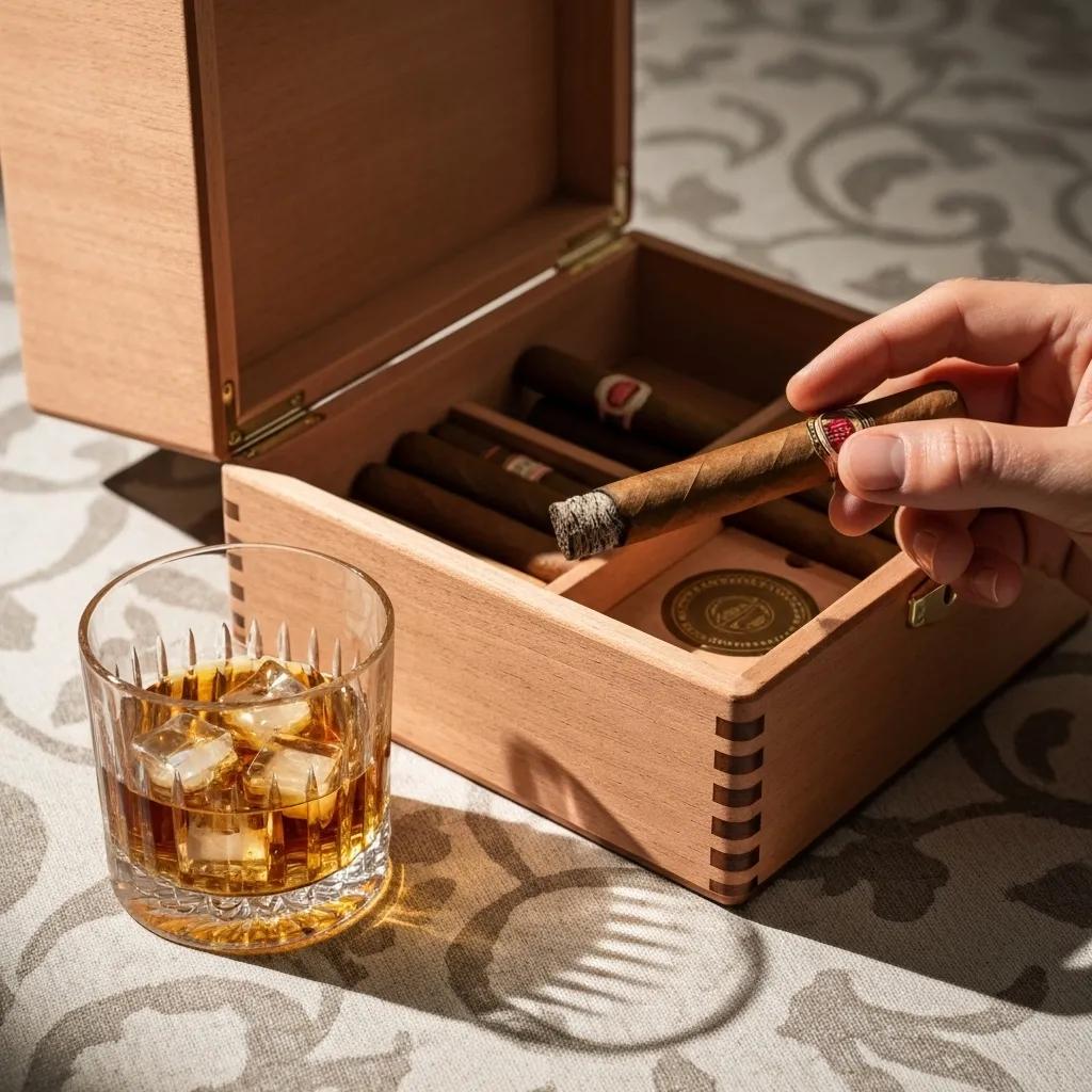 A sophisticated cigar and whiskey setup, symbolizing the true value of premium cigars