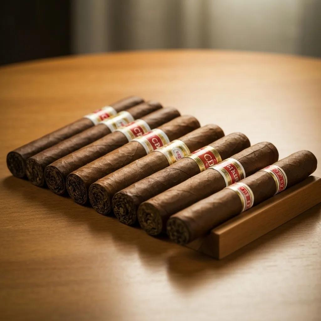 Selection of premium Cuban cigars on a wooden table, showcasing luxury and tradition
