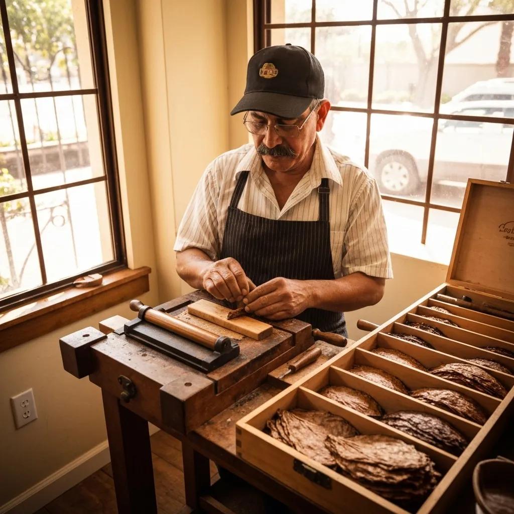 A skilled cigar roller meticulously inspecting cigars in a traditional workshop, emphasizing the importance of craftsmanship and quality control.