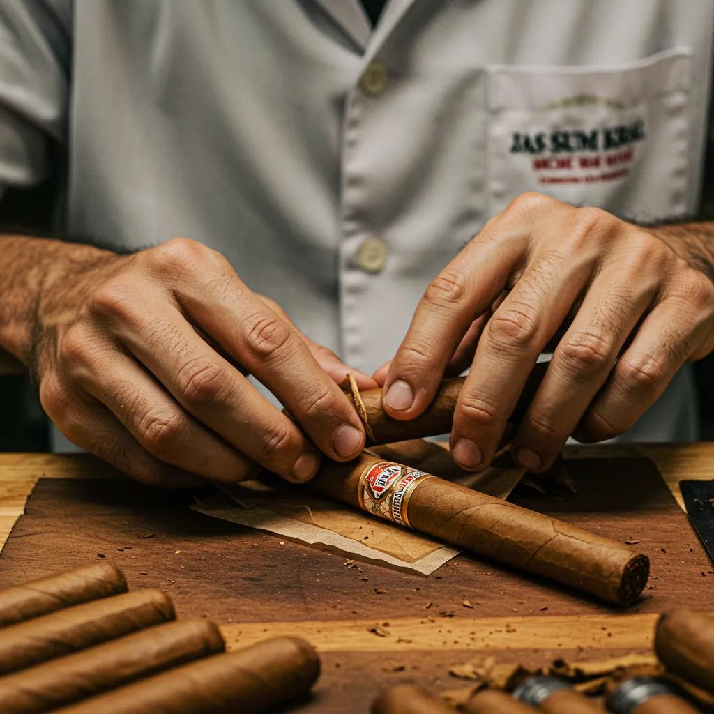 Artisan hand-rolling a Jas Sum Kral cigar in a factory setting