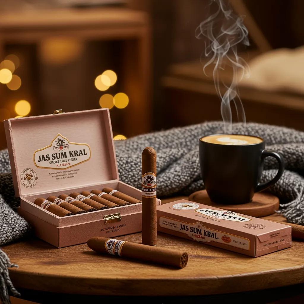 An artful display of Jas Sum Kral's distinctive short cigars, thoughtfully arranged with subtle winter-themed accents to highlight their unique sizes and appeal for the season.