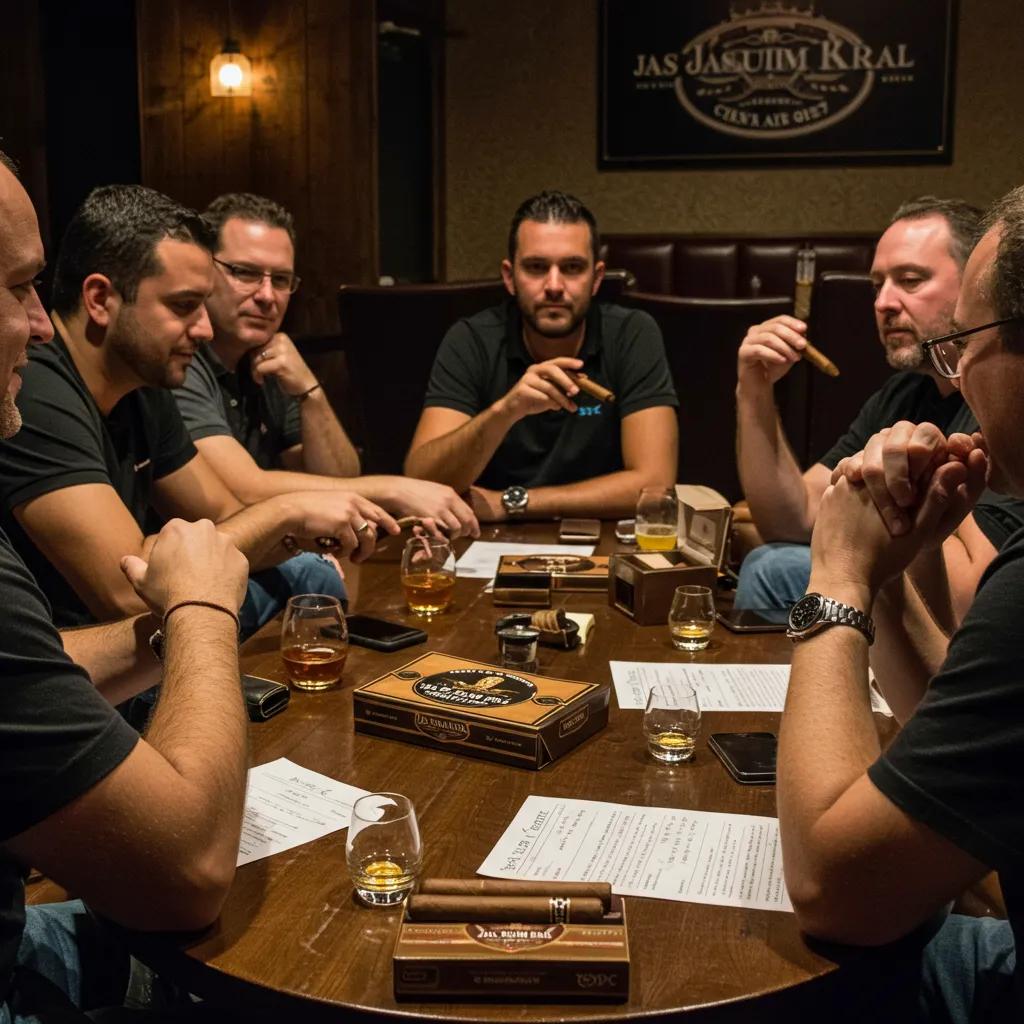 Group of cigar enthusiasts discussing Jas Sum Kral cigars in a lounge setting