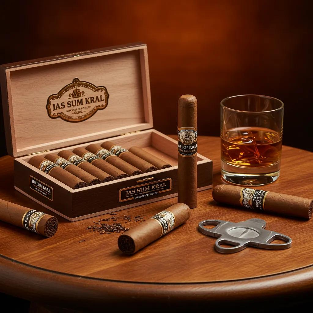 Selection of Jas Sum Kral premium cigars on a wooden table with aged rum and a cigar cutter