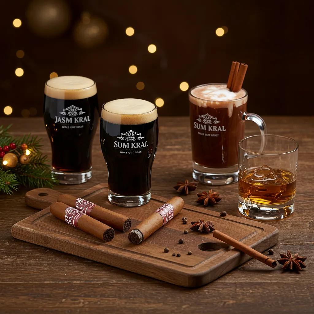 A curated selection of Jas Sum Kral's finest short cigars resting on a rustic wooden surface, with a warm, inviting fireplace glowing softly in the background, evoking the perfect winter smoking ambiance.